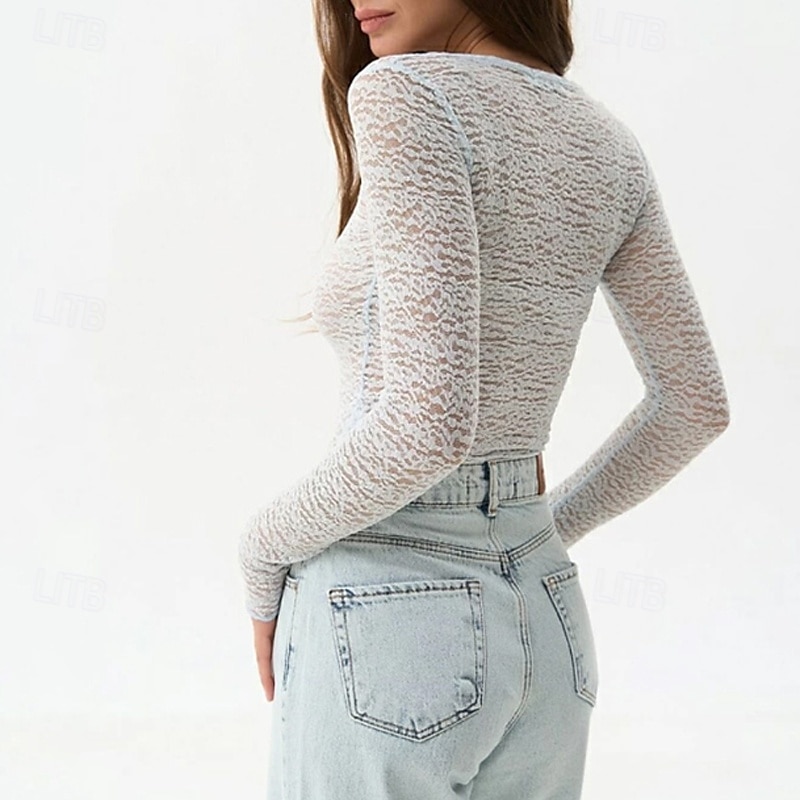 Dame Bluse Helfarge Moderne Fritid Langermet Crew-hals Vanlige topper Daglig Ut på byen Svart Kakifarget Lyseblå Sommer 2025 - $18.49 –P16