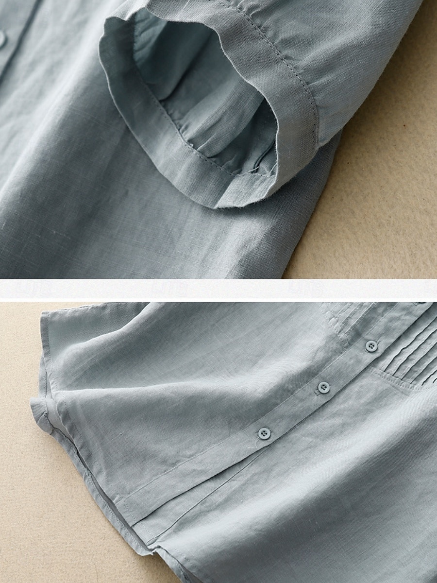 Per donna Camicie di cotone e lino Tinta unica Elegante Essenziale Casual Manica 3/4 Colletto a Camicia Top Regolari Quotidiano Bottoni Bianco Rosa Azzurro Estate del 2025 a $34.99 –P7