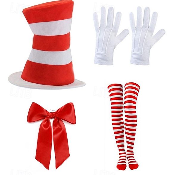 Kočka v klobouku Sukénka Sada příslušenství Vysoký klobouk Postavy z pohádek Filmové kostýmy for Unisex Dospělé předvečer Všech svatých Karneval Světový den knihy Výkon Vzdělávací převlékání 2025 - $23.29 –P2