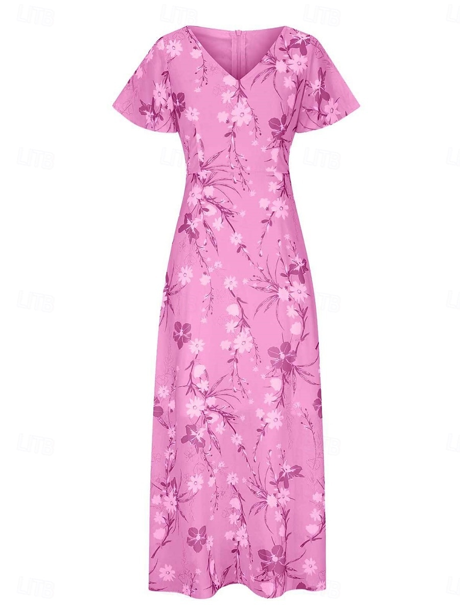Dam Maxiklänning A linjeklänning Semester Ledigt Boho Utomhus Utekväll Normal Blommig Kortärmad V-hals Purpur Fuchsia Orange Grå Sommar 2025 - $39.99 –P7