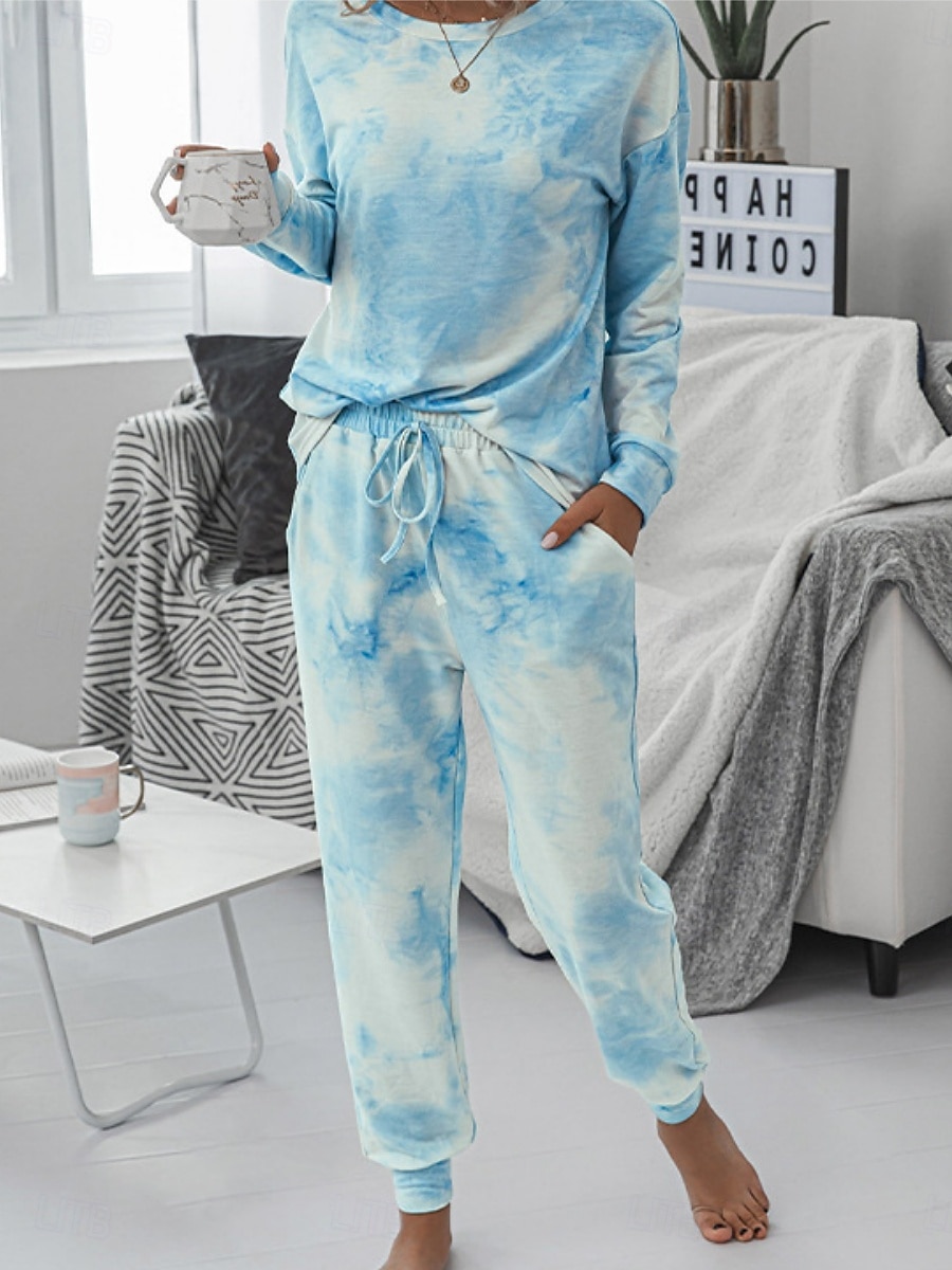 Damskie Zestawy piżamowe Codzienny Wygoda Wzór tie-dye Elastyczny pas Podkoszulek Nogawka Dom Codzienny Długi rękaw Półgolf Rumiany róż Niebieski Zielony Tęczowy Szary Lato Wiosna Jesień Regularny 2025 - $23.99 –P8