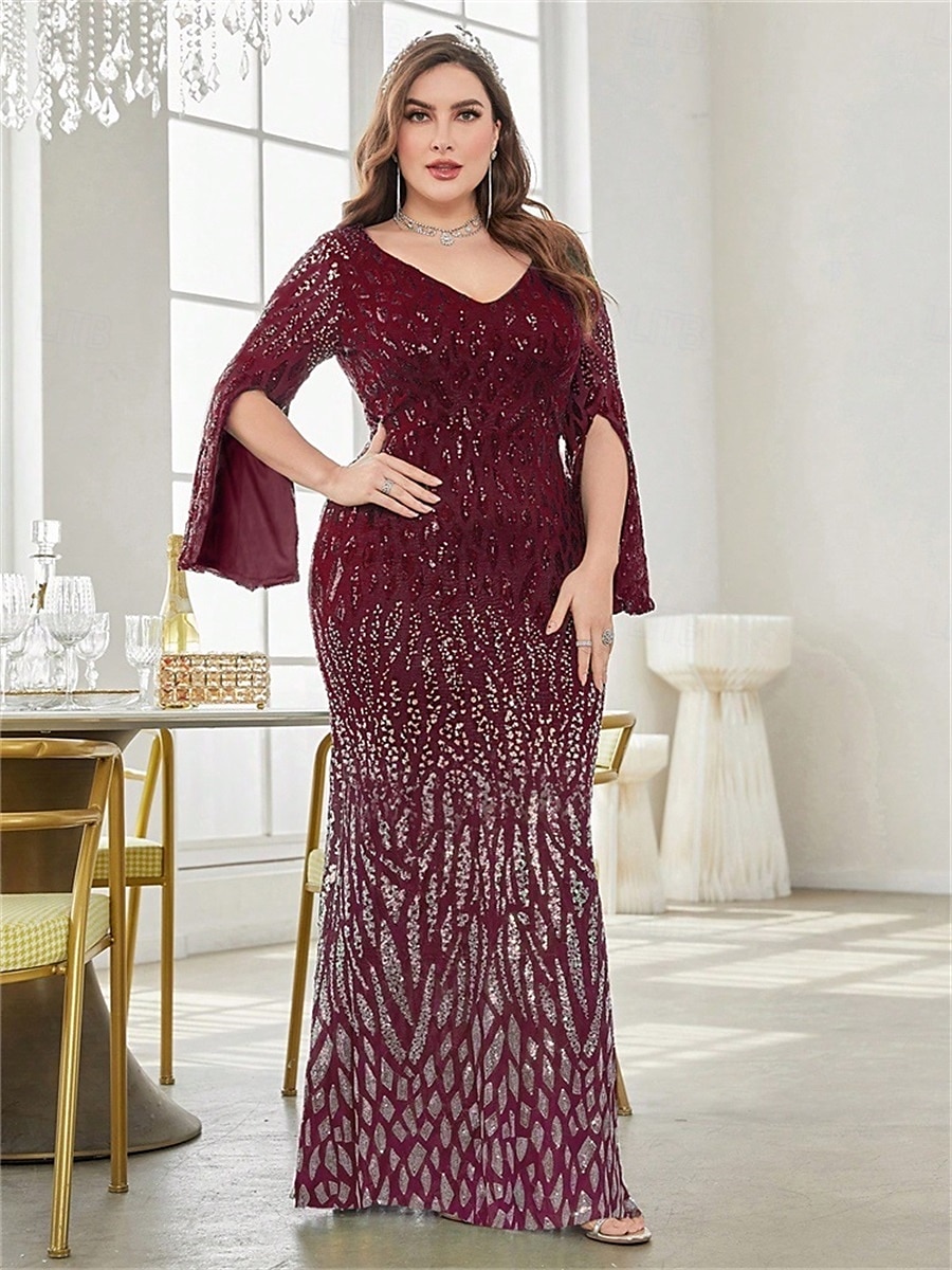 Mermaid / Trumpet Plus Size Dresses Elegant Curve Dress Formal Wedding Floor Length Long Sleeve V Neck Polyester with Sequin 2025 - $119.99 –P18