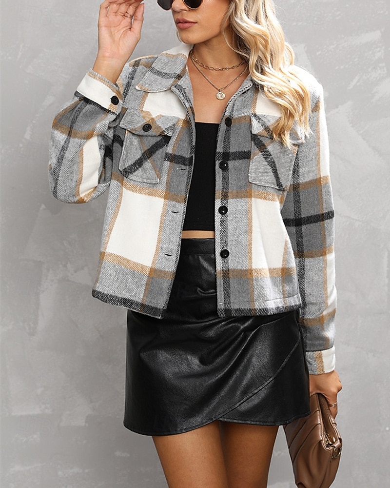 Damen Hemdjacke Freizeitjacke Bequem Tasche Knöpfe Mode Outdoor Karomuster Ausgehen Wochenende Reisverschluss Regulär Revers Normale Passform Langarm Oberbekleidung Grün Grau Herbst Winter 2025 - $28.99 –P4