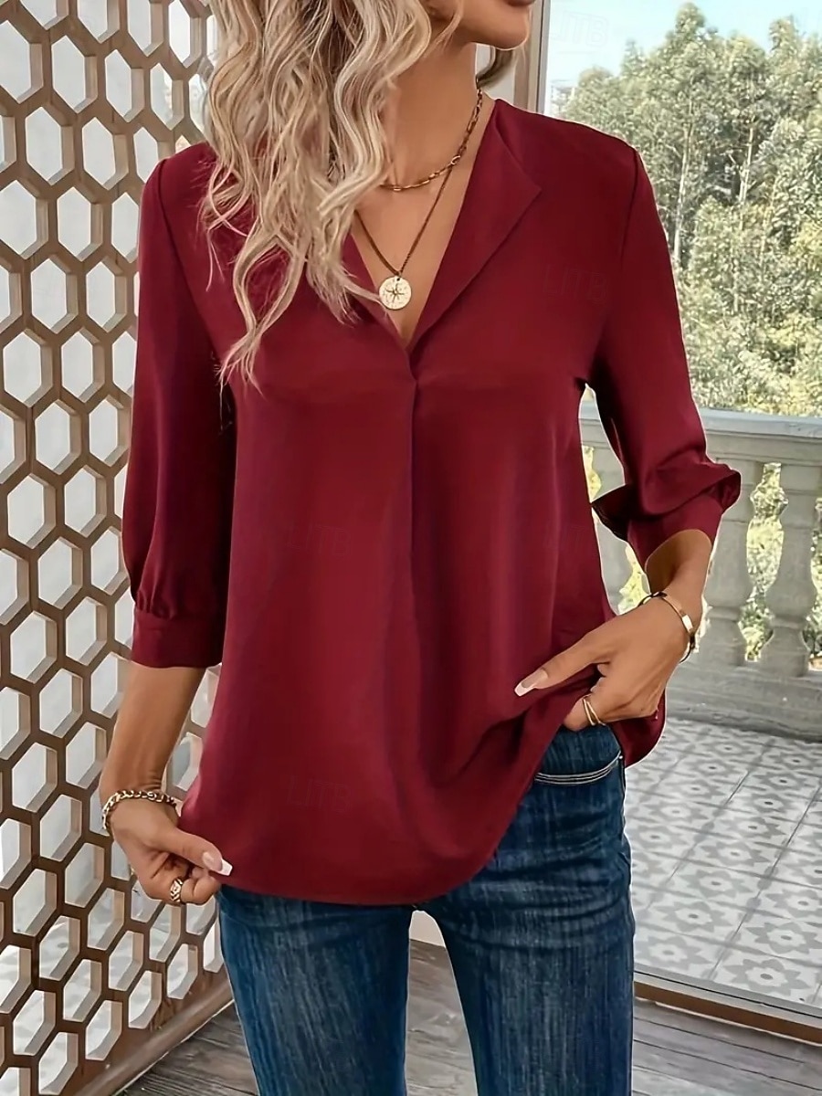 Mujer Blusa Color sólido Elegante Básico Casual Manga 3/4 Cuello Camisero Tops regulares Oficina Trabajo Negro Vino Verde Trébol Verano Primavera Otoño 2026 - $25.99 –P11