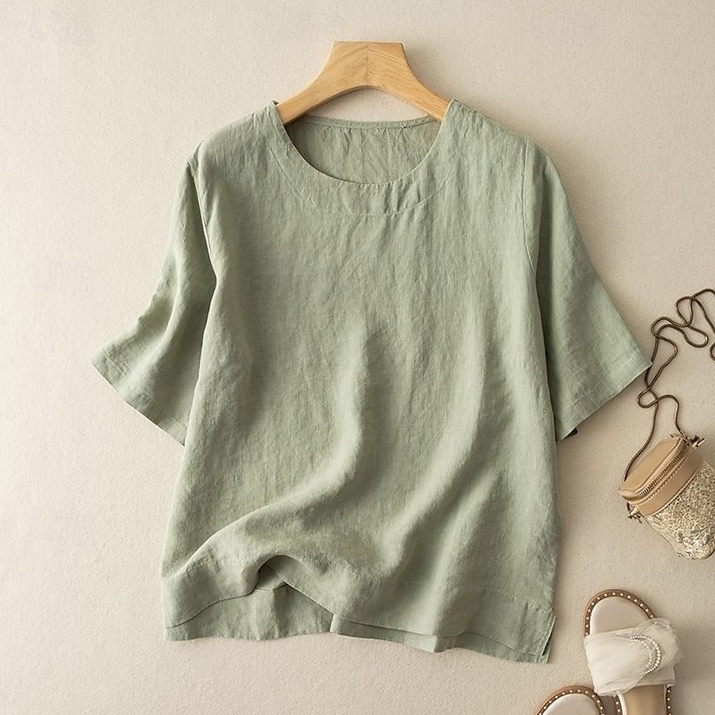 Femmes Chemise Haut en Coton Blanc Couleur Unie Élégant ancien Basique Manche Courte Col ras du cou Hauts Réguliers Quotidien Sortir Week-end Blanche Jaune Rose Claire Violet Vert Été Printemps de 2025 ? $13.99 –P1