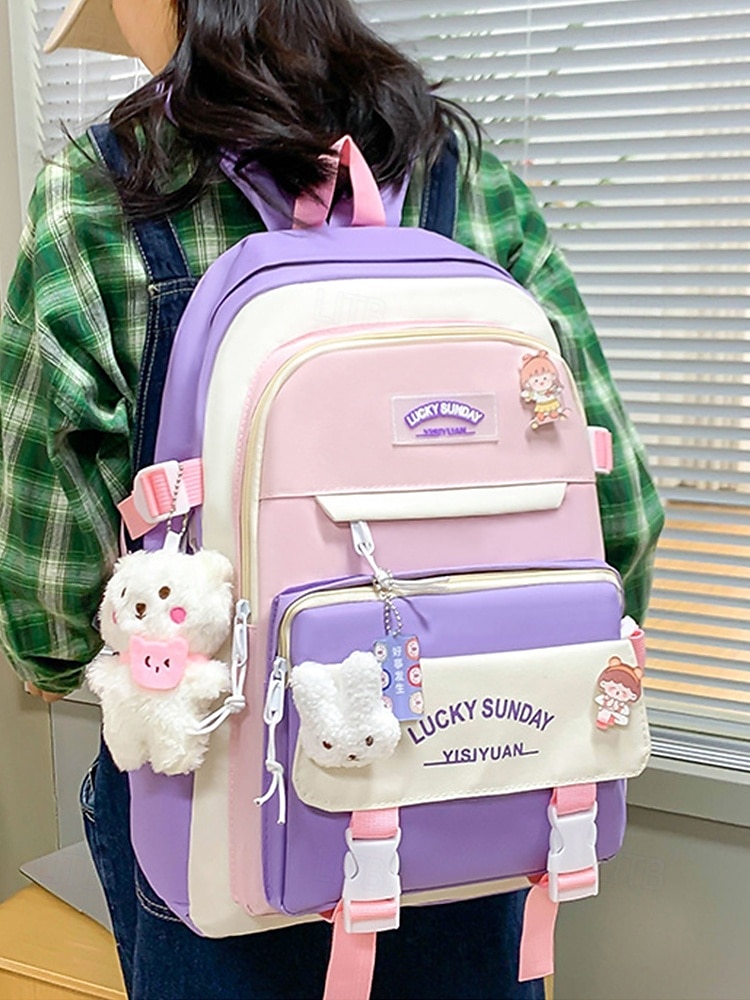 5-i-1 skolryggsäcksset med plyschberlocker, lätt nylon, kawaii-stil, för flickor och tonåringar, perfekt för skolan och dagligt bruk 2025 - $26.99 –P4