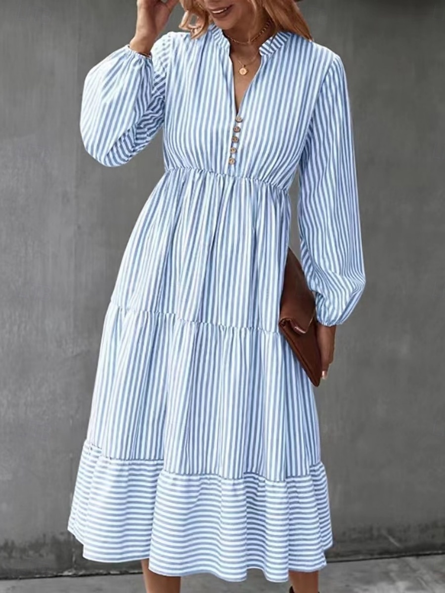Pentru femei Rochii Midi Rochie A line Casual Zilnic Potrivire Largă Dungi Manșon Lung În V Negru Albastru piscină Trifoi Primăvară Toamnă 2025 - $39.99 –P1