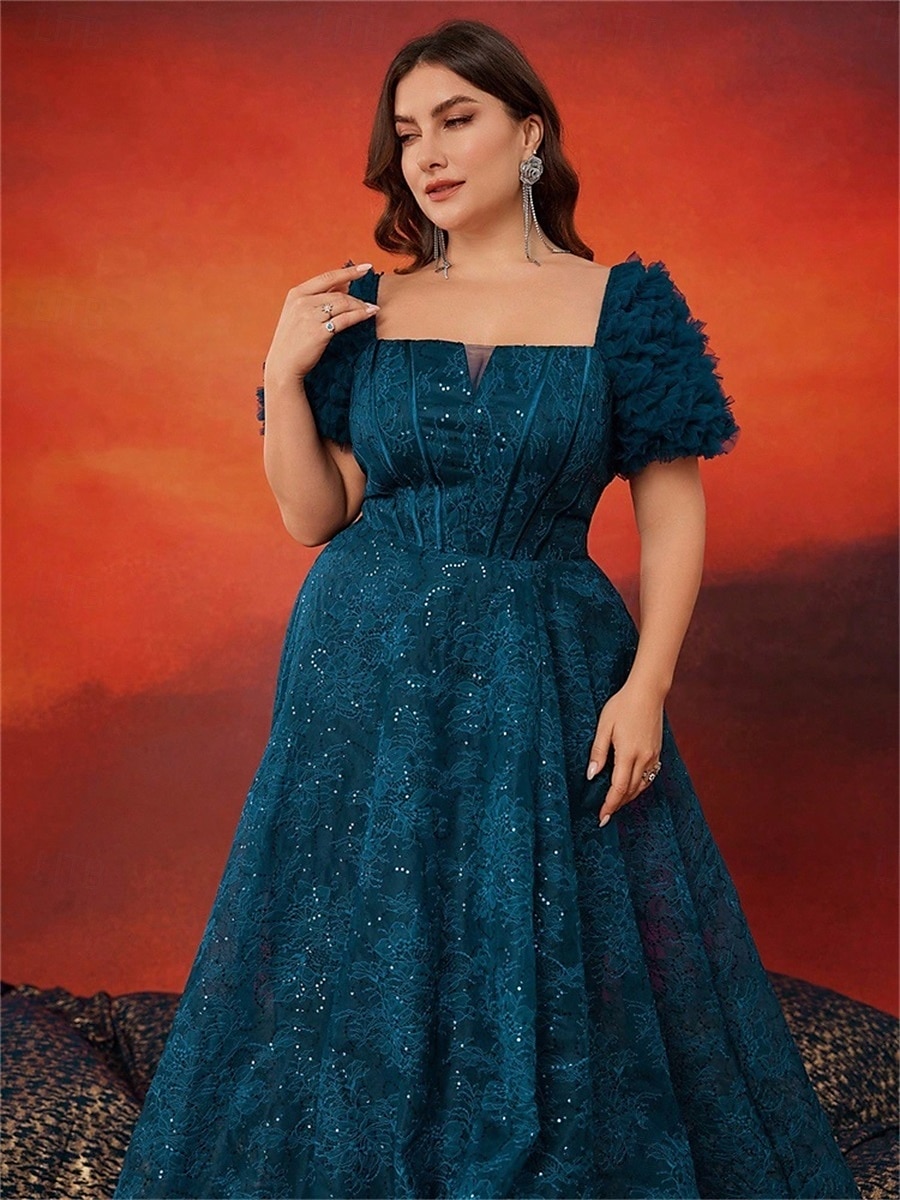 Abiti A-Line taglie comode abito elegante a curva abito formale da matrimonio lungo maniche corte scollatura quadrata in pizzo con pieghe del 2025 a $139.99 –P2