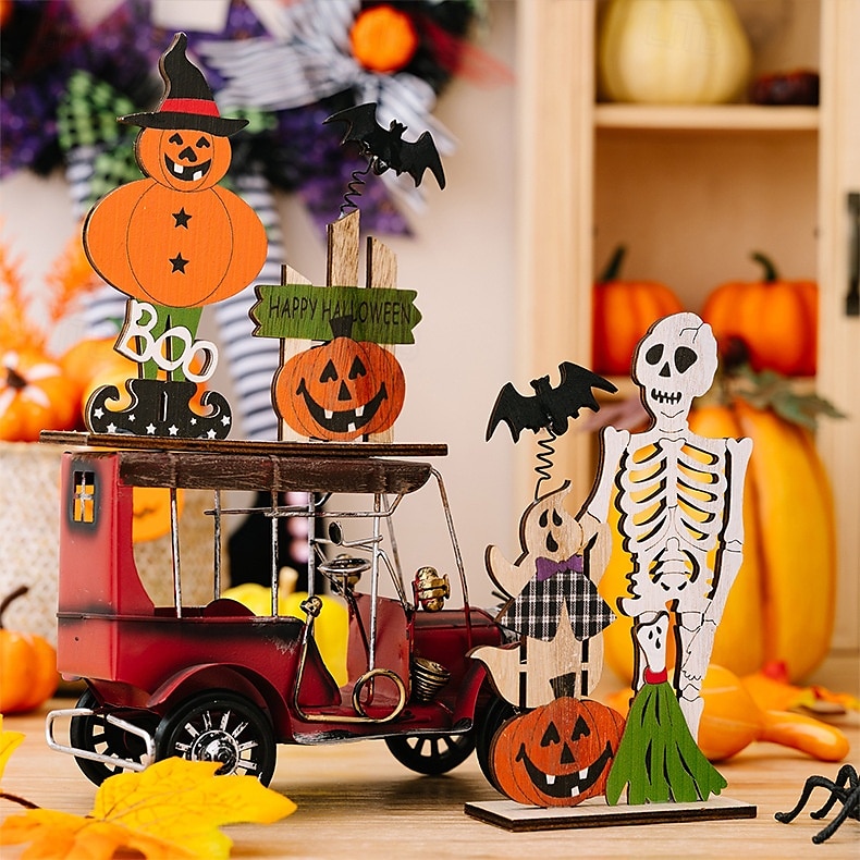 2 stk. halloween-skjelett i tre som borddekorasjon, fjærende hodeskalle med gresskar og flaggermus, skummel bordpynt til halloween-festdekorasjon 2025 - $9.99 –P6