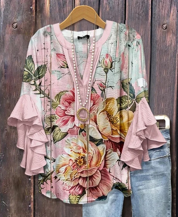 Pentru femei Bluză Floral Grafic Elegant Boemia Έθνικ Lungime Manșon 3/4 În V Topuri obișnuite Zilnic Concediu Îmbrăcăminte de vacanță Bufantă Imprimeu Roz Îmbujorat Roșu-aprins Albastru piscin 2025 - $29.99 –P4