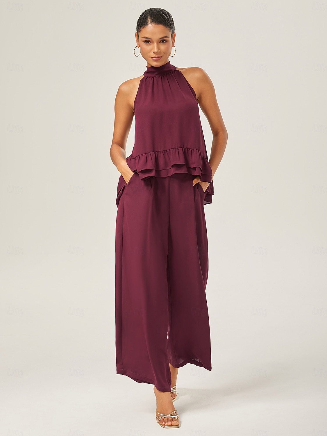 Per donna Da donna All'americana Tinta unita Borgogna Volant Senza Maniche Elegante Quotidiano All'americana Estate del 2025 a $52.99 –P11