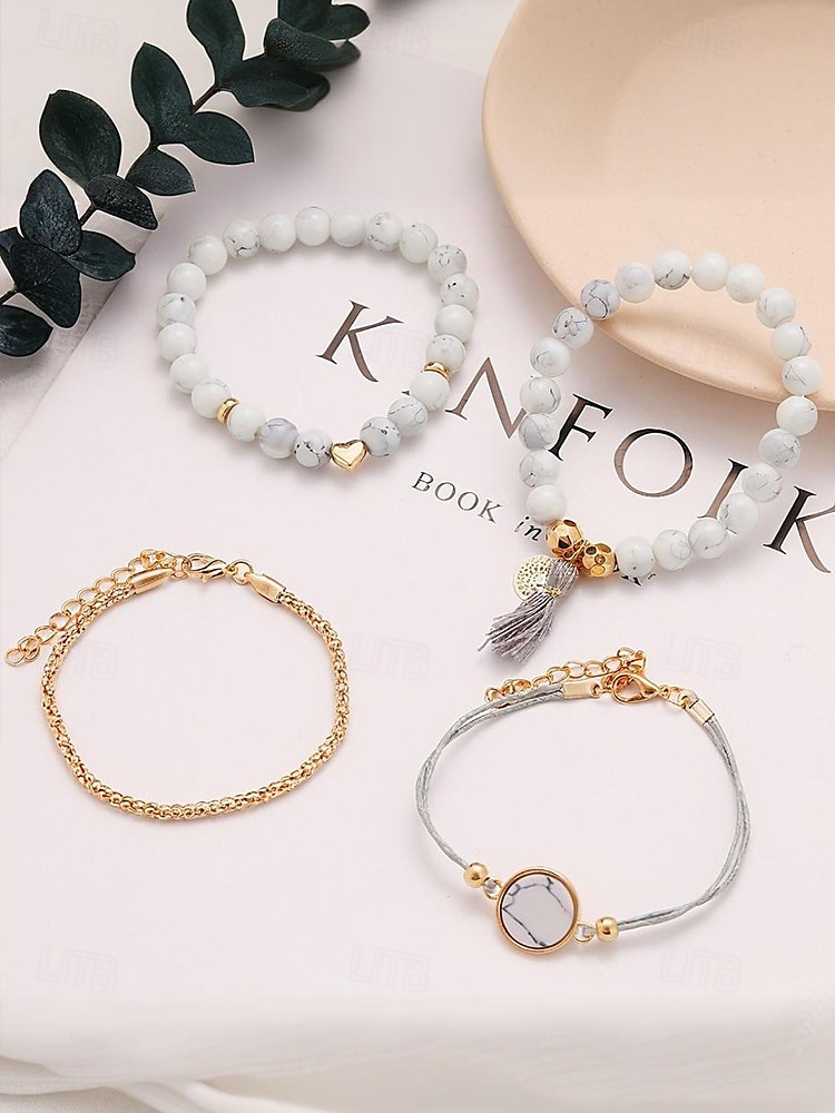 Set di braccialetti con perline di howlite da donna: stile boho a strati con ciondolo a forma di cuore, pendente in marmo e nappa per abbigliamento casual, outfit da spiaggia e regali del 2025 a $9.99 –P6