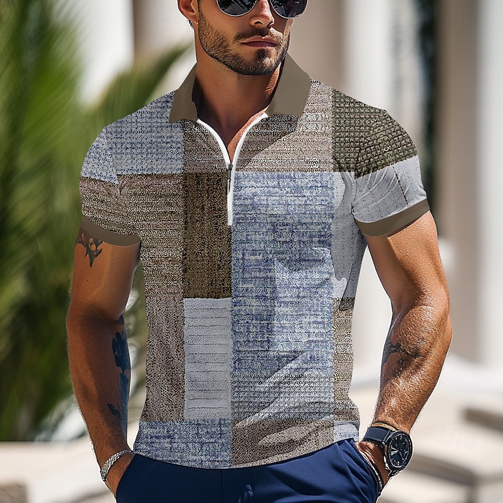 Herr Färgblock Pikétröjor med dragkedja Kortärmad Polotröjor Kavajslag Business Casual Utomhus Fritids- 3D-utskrift Sommar Blå Grön Grå 2025 - $20.99 –P2