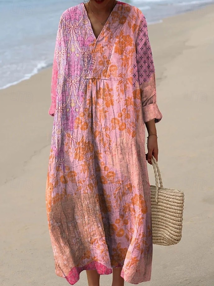 Damskie Sukienka maxi Sukienka letnia Sukienka A line Urlop Codzienny Boho Impreza Wyjściowe Plaża Kwiaty Graficzny Długi rękaw W serek Szarozielony Rumiany róż Fioletowy Ecru Lato Wiosna 2025 - $35.99 –P4