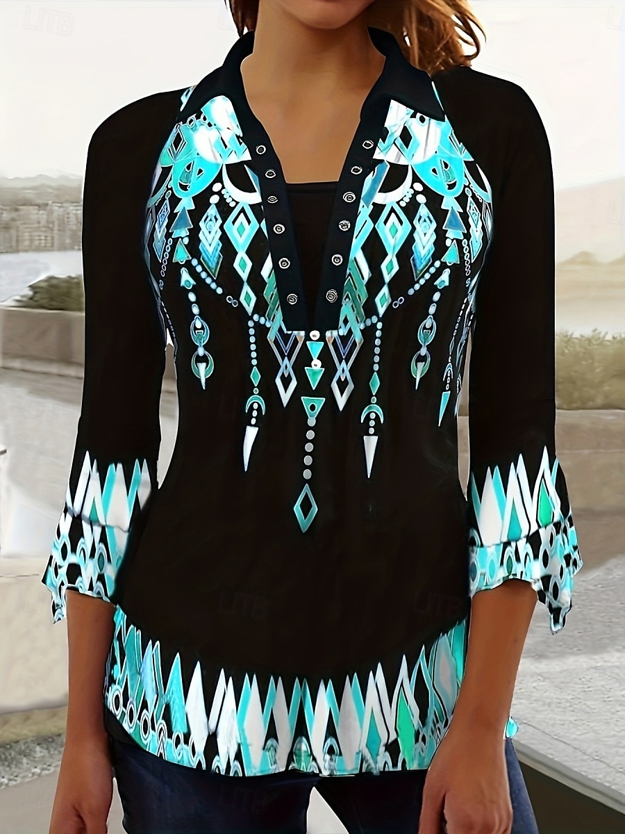 Femmes Chemisier Fleuri Graphique ancien Occasionnel Manche 3/4 Col de chemise Hauts Réguliers Quotidien Patchwork Imprimé Noir Blanche Bleu Violet Été Printemps de 2025 ? $24.99 –P3
