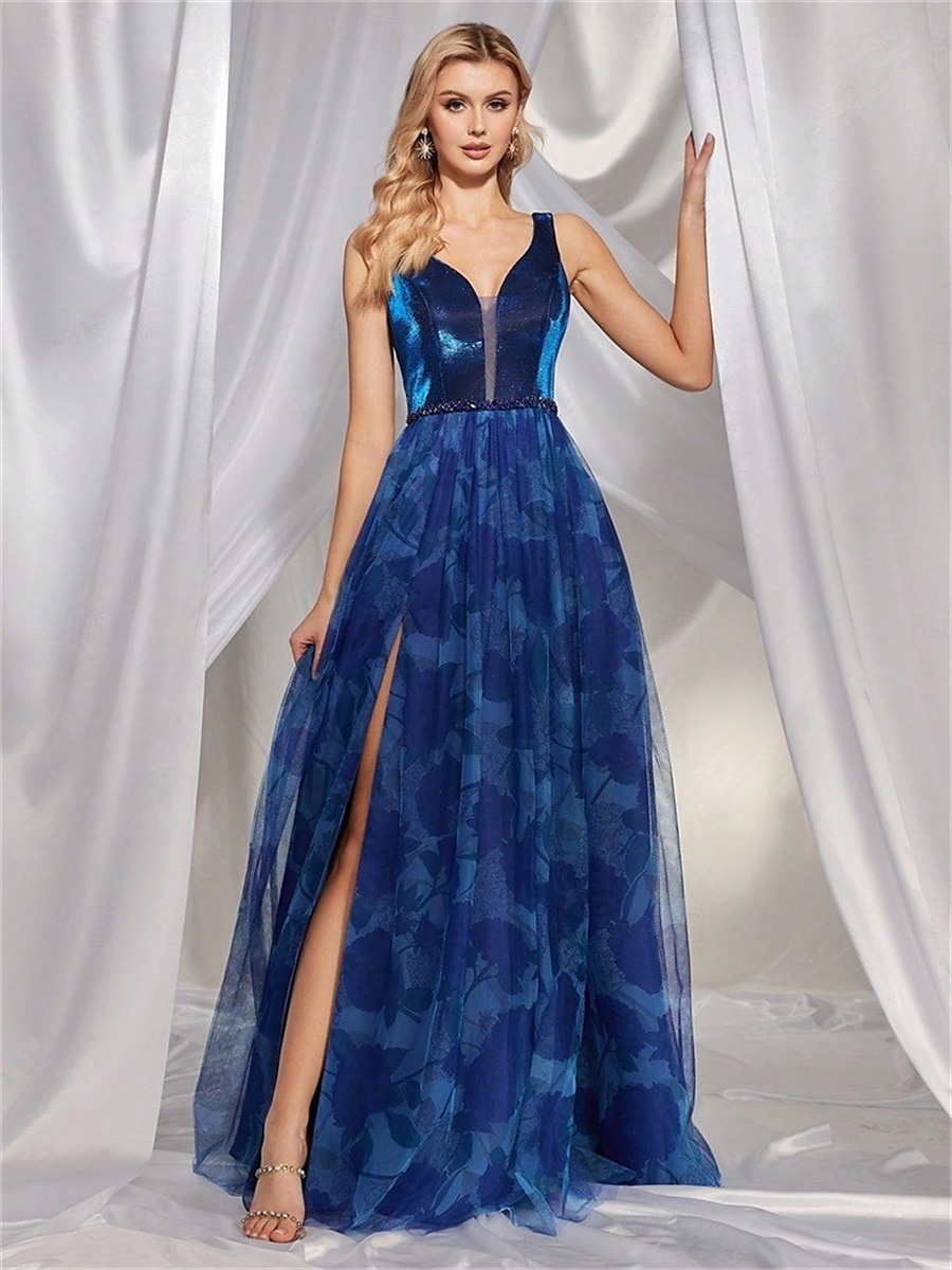 Šaty na quinceanera A-line elegantní šaty formální svatební podlahová délka bez rukávů výstřih do V tyl V zadní část s krystaly a rozparkem 2025 - $119.99 –P6