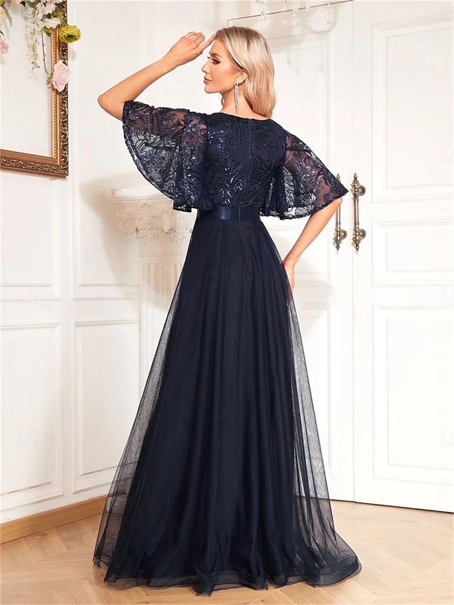 Abiti A-Line Quinceanera Abito Elegante Cerimonia Matrimonio Lunghezza Completa Maniche Corte V Collo Poliestere con Pieghe del 2025 a $99.99 –P6
