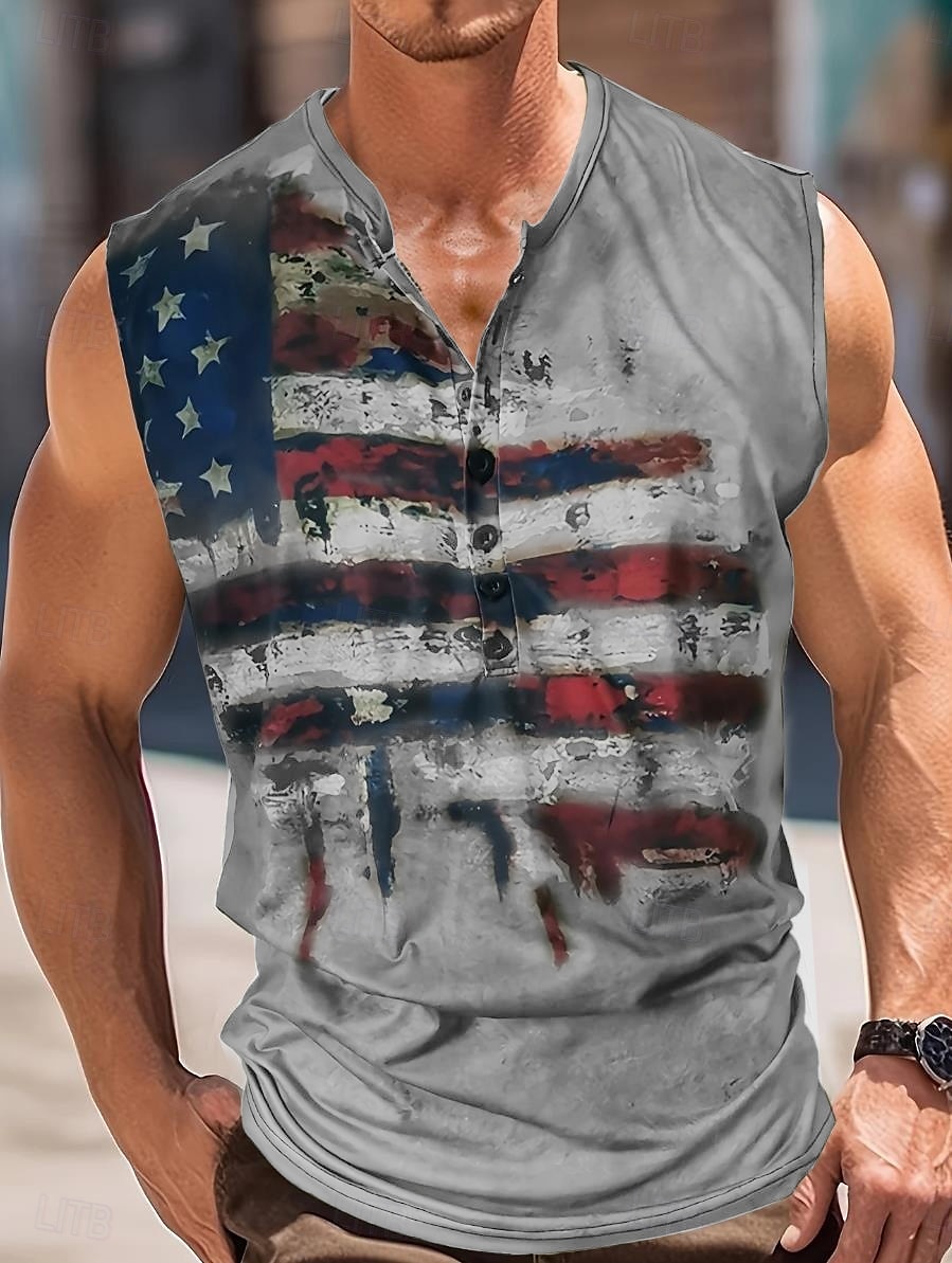 Pánské Americká vlajka Bez rukávů Tričko Henley Bez rukávů Vinobraní Módní Designové Venkovní Ležérní Denní Léto Jaro & podzim Zelená Hnědá Šedá Henley Tričko Henley 2025 - $15.49 –P4