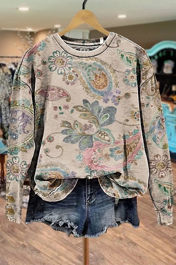 Women's Pullover Sweatshirt Floral Graphic Warm Vintage Gothic Lolita Long Sleeve Crew Neck Regular Tops Street Dailywear Casual Print Light Pink Red Brown Green Beige Spring Fall Winter 2025 - $24.99 –P4