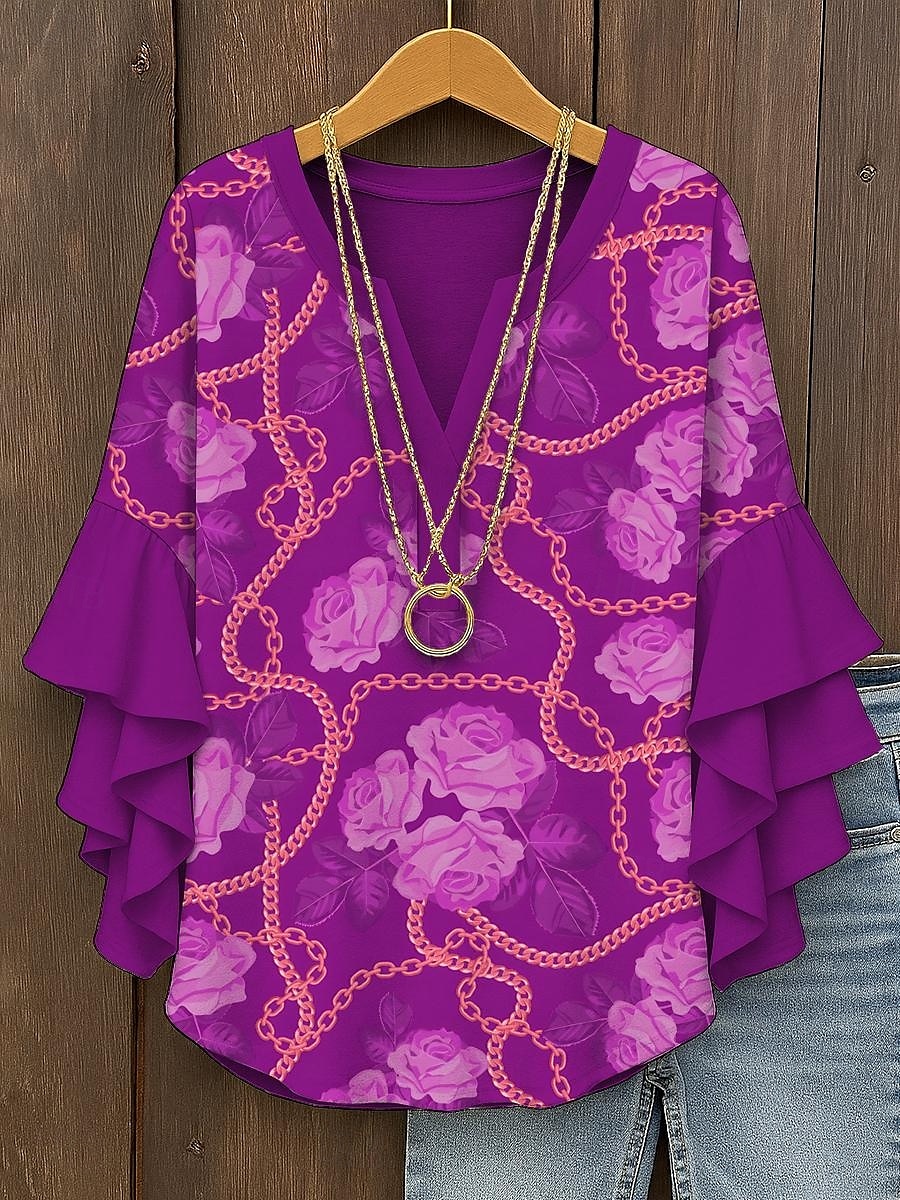 Dame Bluse Blomstret Grafisk Elegant Daglig Fritid 3/4 ermer V-hals Vanlige topper Daglig Ferie Trykt mønster Gul Rød Blå Lilla Grønn Sommer Vår Høst 2025 - $29.99 –P5