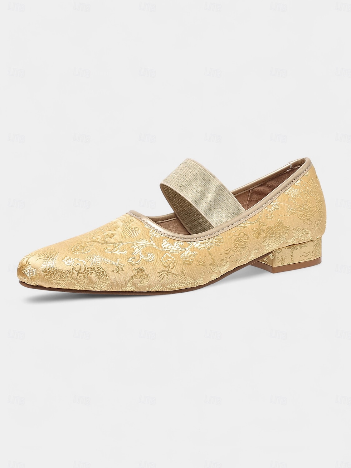 Ballerines Mary Jane en jacquard doré pour femme avec bride élastique – Chaussures à talons bas élégantes de style vintage des années 1950 pour mariages, goûters et occasions formelles de 2025 ? $32.99 –P6