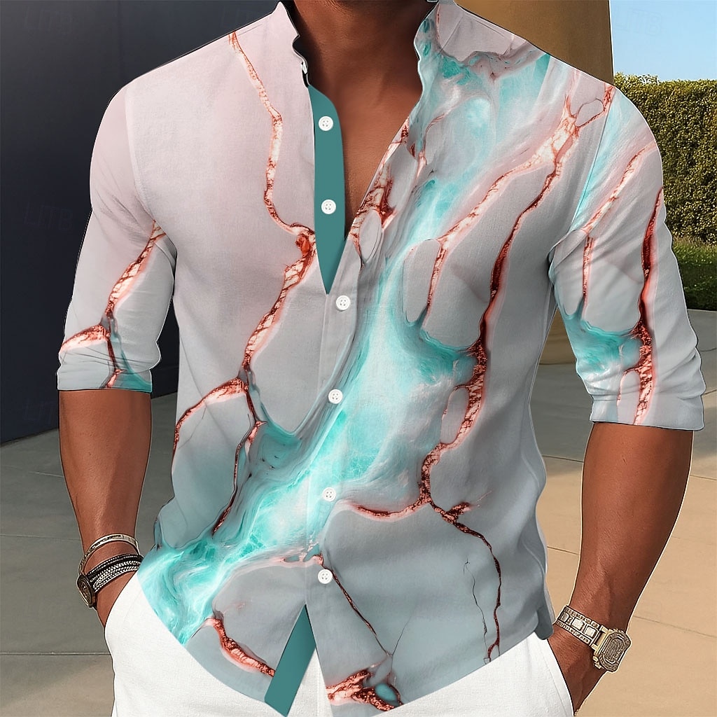 Homme Dégradé Or Marbre Chemise Chemise Boutonnée Chemise à col montant manche longue Occasionnel Extérieur Vacances Quotidien Printemps Automne Col mandarin Band Collar Impression 3D Chemise en lin de 2025 ? $25.99 –P6