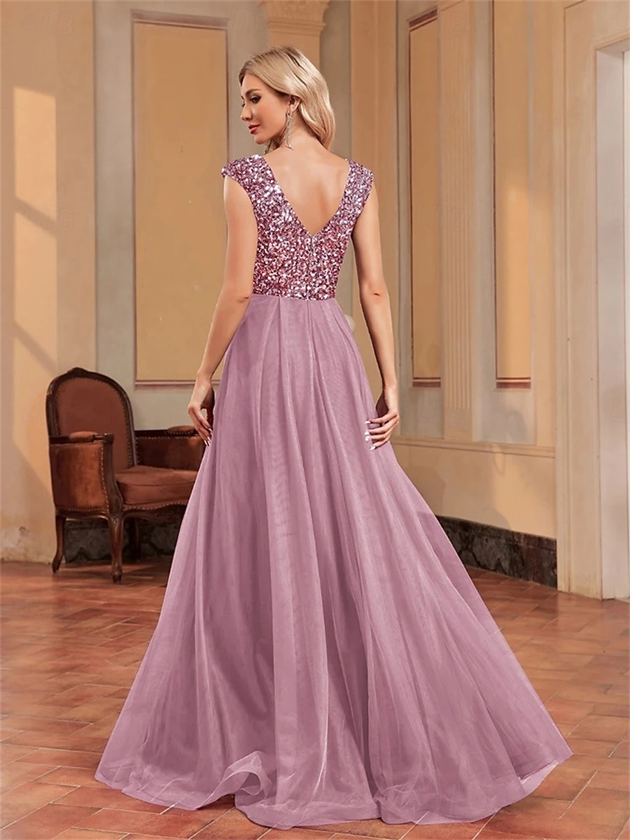 Abiti per Quinceanera A-Line elegante abito formale per matrimonio lunghezza del pavimento senza maniche scollo a V tulle con schiena a V e paillettes del 2025 a $99.99 –P10