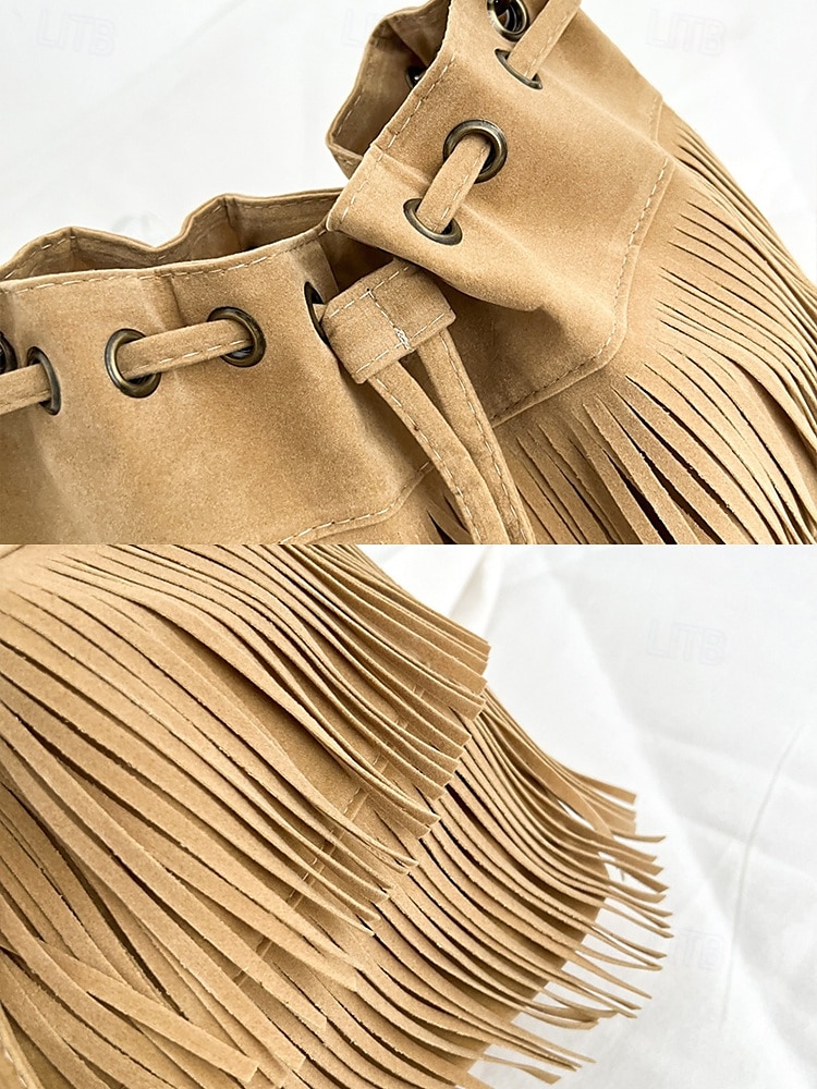 damska torebka typu wiaderko ze sztucznego zamszu z frędzlami – boho torebka typu crossbody ze ściągaczem na niezobowiązujące wyjścia, festiwale i codzienne noszenie 2025 - $18.99 –P8