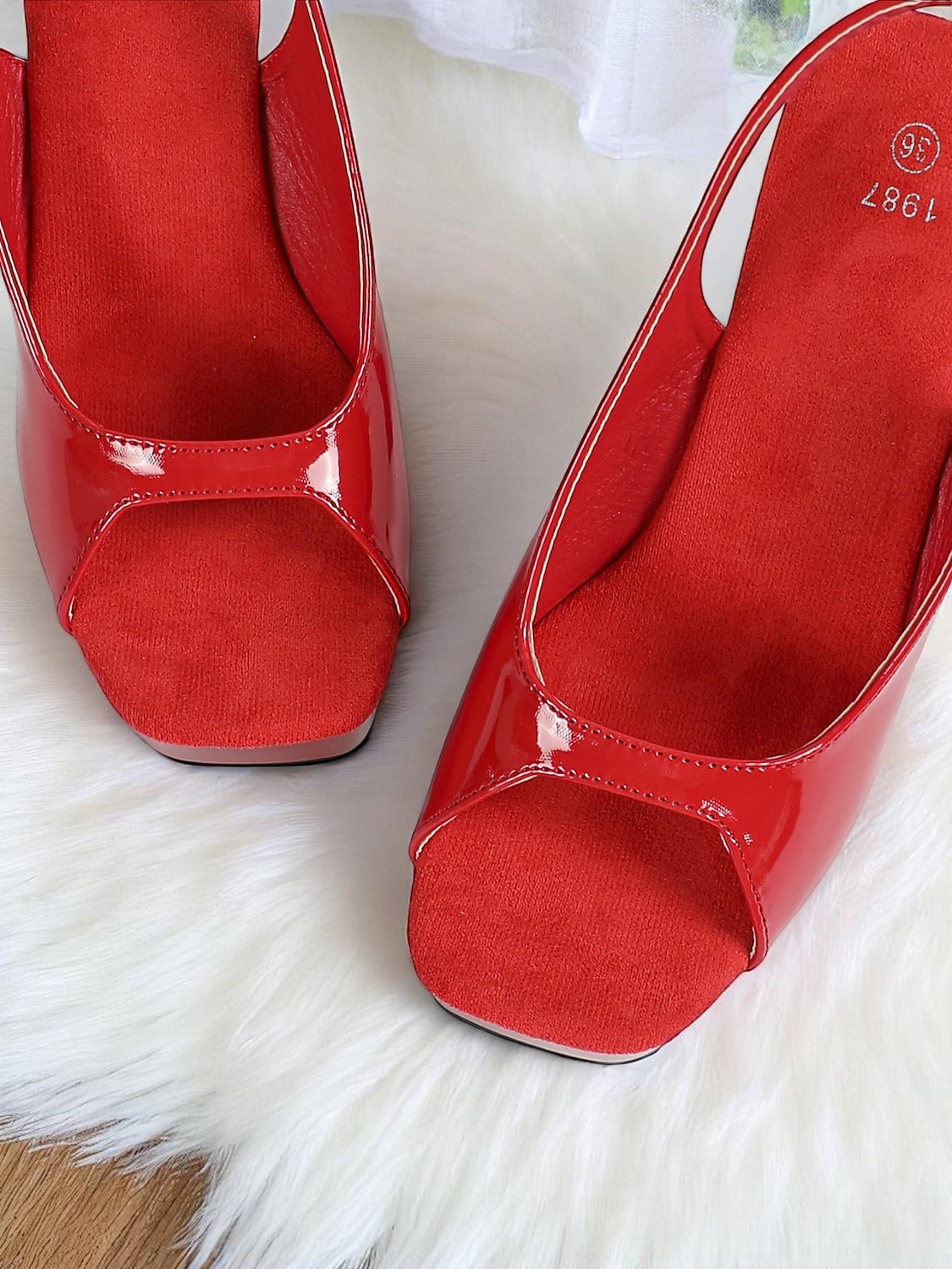 Women's Red Patent Platform Slingback Heels with Flared Block Design, Glossy Peep-Toe Style for Nightlife Party, Clubbing, Holiday Events or Bold Date Night Looks 2025 - $46.99 –P5