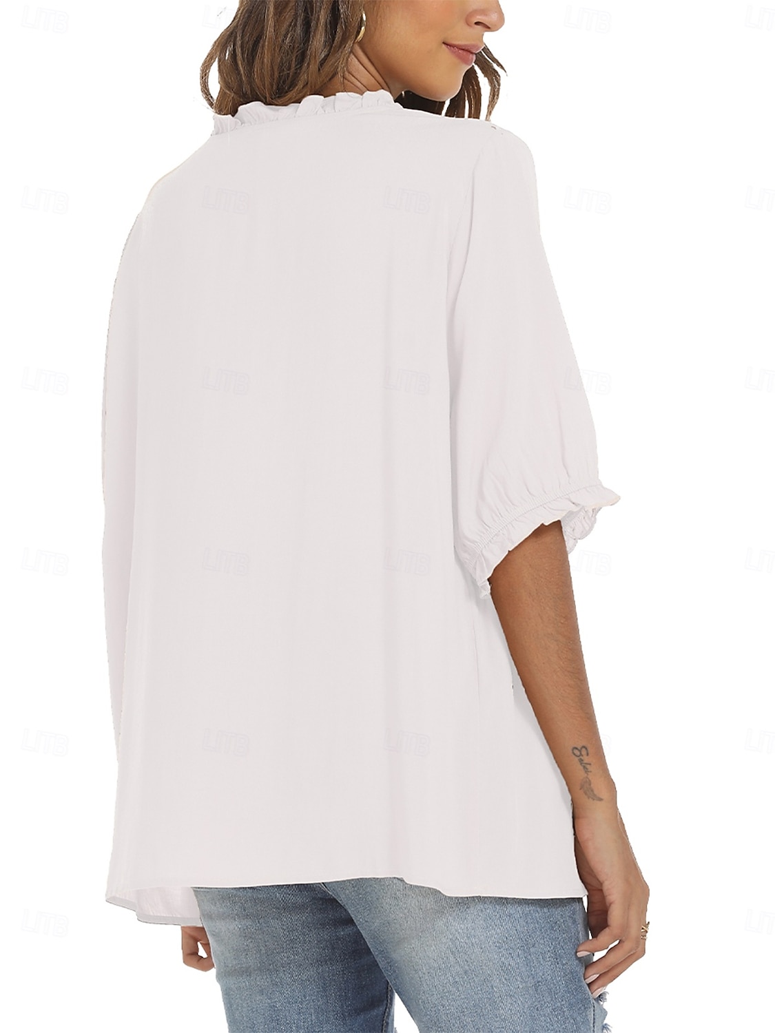 Damen Hemd Einfarbig Blumen Lässig Boho Dreiviertelarm Ellbogenärmel Rundhalsausschnitt Normale Oberteile Täglich Ausgehen Rüsche Bestickt Schwarz Weiß Rote Khaki Sommer 2025 - $24.99 –P2