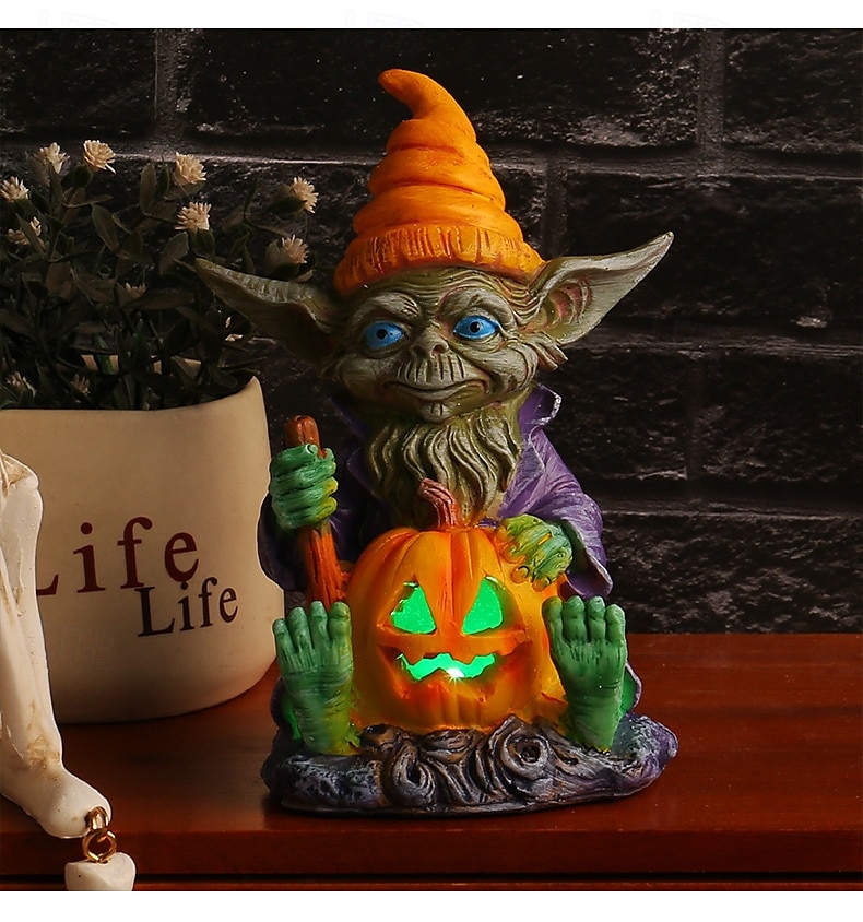 Φιγούρα ρητίνης καλικάντζαρου για το Halloween που κρατά κολοκύθα με φώτα, λαμπερό στολίδι ρητίνης ξωτικού, διακόσμηση σπιτιού για τραπέζι 2025 - $17.49 –P8