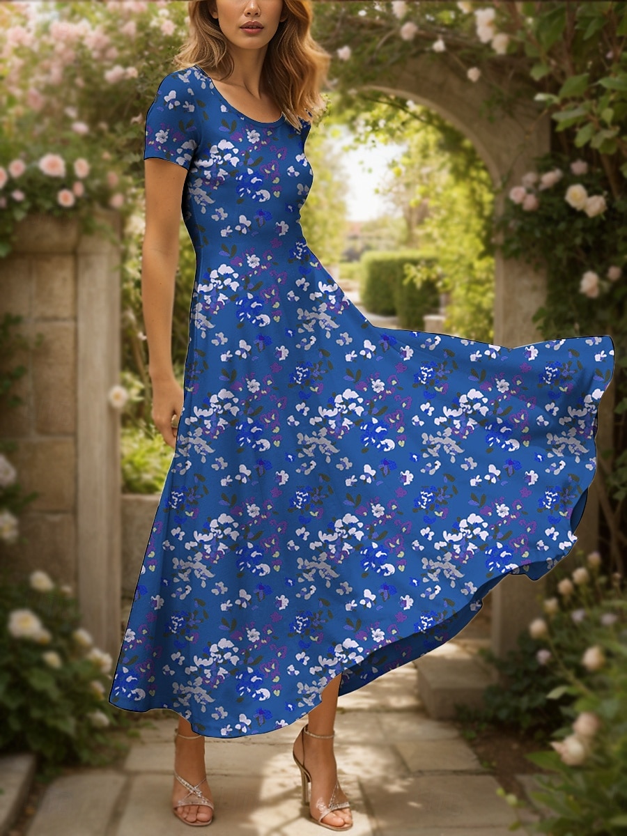 Women's Maxi Dress Knit Dress Casual Dress Sundress A Line Dress Elegant Vacation Casual Regular Fit Floral Graphic Short Sleeve Square Neck Yellow Red Blue Purple Summer 2025 - $30.99 –P4