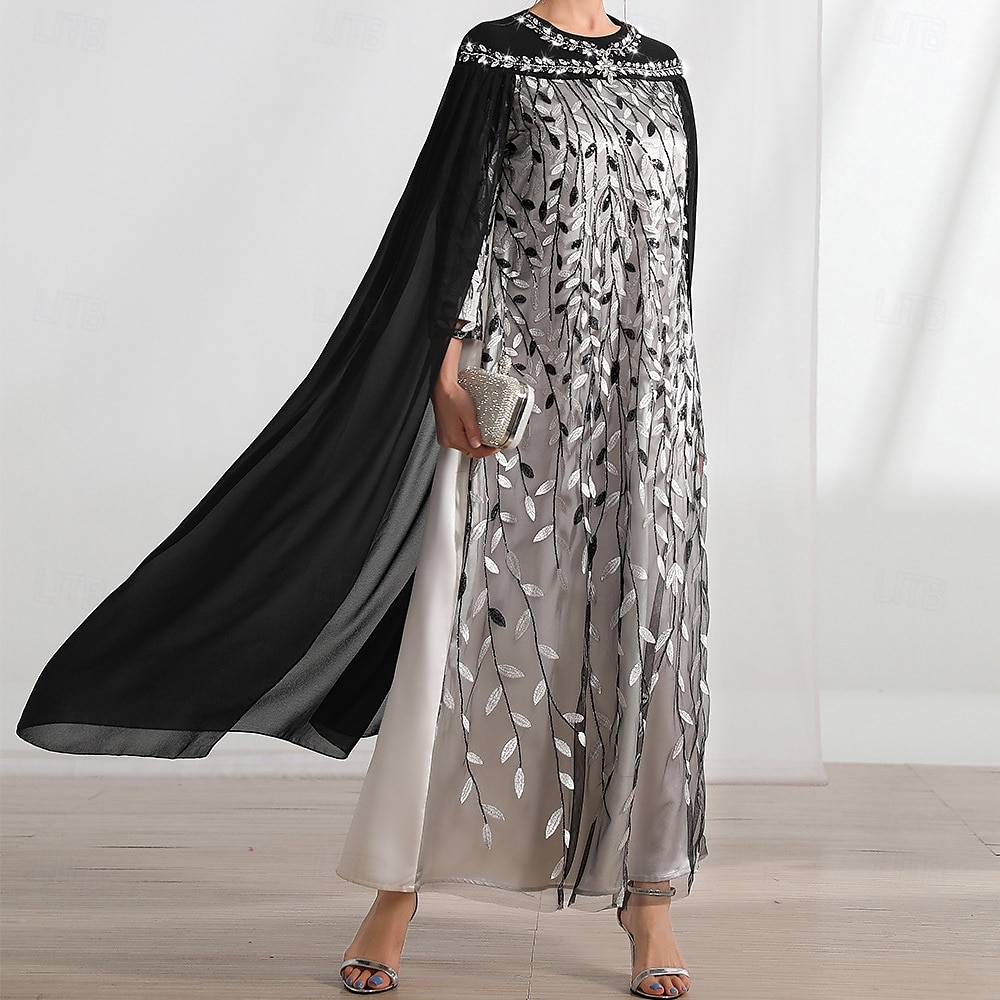 Abito con mantello A-Line madre della sposa elegante scollo rotondo cristalli lunghezza sul pavimento maniche lunghe con ricami in pizzo del 2025 a $109.99 –P8