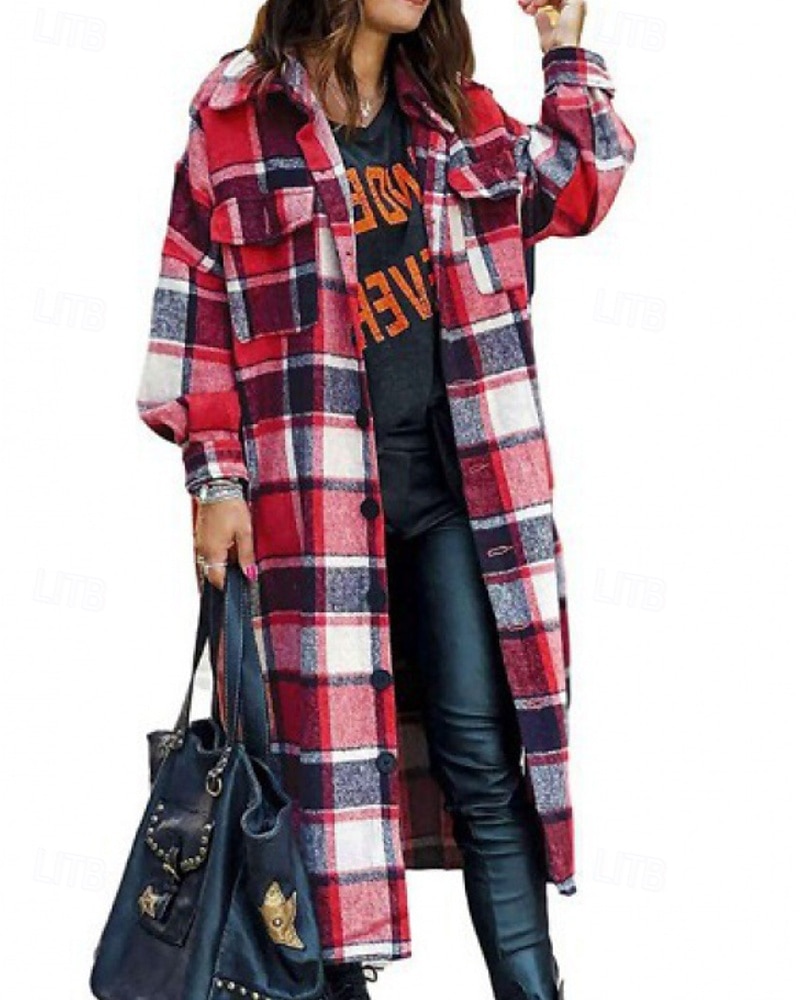 Damen Trenchcoat Bequem Knöpfe Tasche Modern Streetstyle Karomuster Ausgehen Alltagstauglich Einreihig Lang Umlegekragen Normale Passform Langarm Oberbekleidung Rote Rosenrot Grau Herbst Winter 2025 - $27.99 –P1