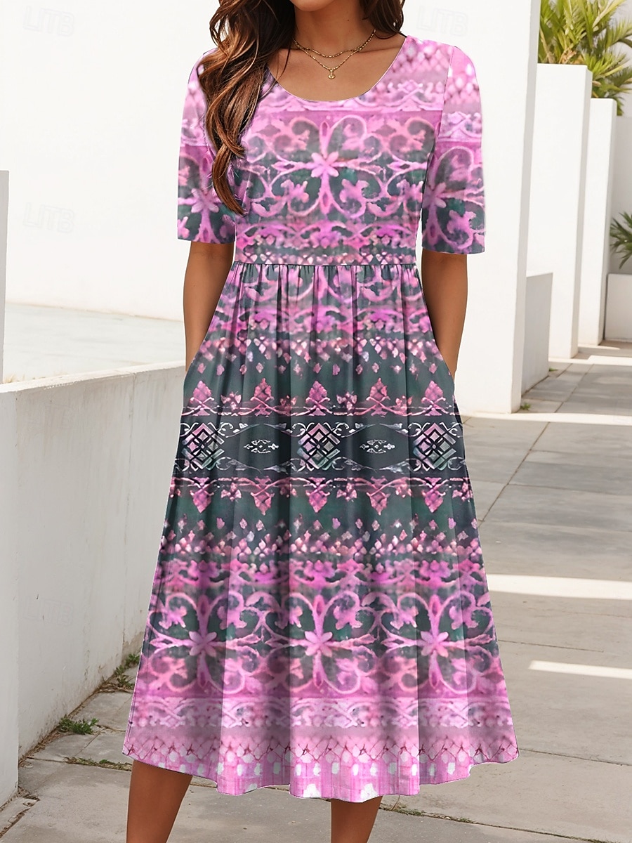 Pentru femei Rochii Midi Rochie de vară Rochie plisata Vacanță Casual Concediu Fit regulat Grafic Geometric Manșon Jumate Stil Nautic Roz Îmbujorat Albastru piscină Mov Trifoi Vară Primăvară Toamnă 2025 - $31.99 –P4
