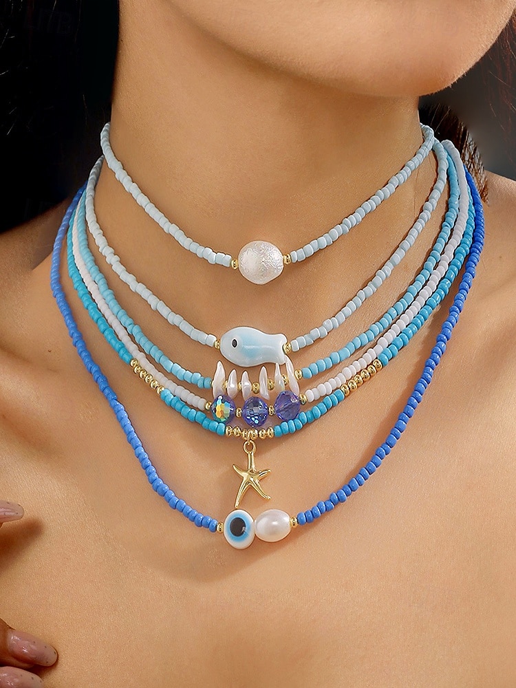 Women's Colorful Beaded Layered Necklace Set – Boho Evil Eye, Pearl, and Charm Accents – Adjustable Summer Jewelry for Teens and Young Women – Ideal for Beach, Festivals and Casual Wear 2025 - $14.99 –P1