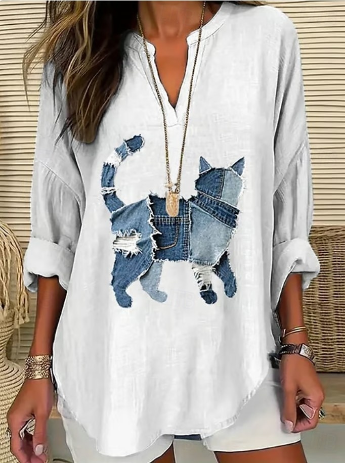 Damen Bluse Leinenoptik Atmungsaktiv Leicht Tunika V-Ausschnitt Langarm Boho Lässig Sommer Tops Grafik Tier Katze Vintage Tropisch Reguläre Tops Alltag Druck Schwarz Weiß Blau Himmelblau 2026 - $32.99 –P2