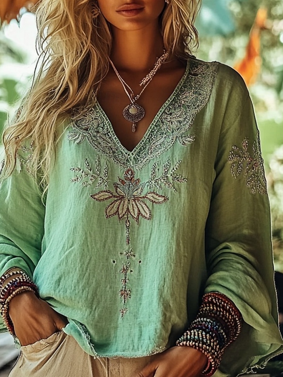 camicetta da donna in stile western, stile boho, con fiori, moderna, casual, a maniche lunghe, scollo a V, normale, per tutti i giorni, per le vacanze, per uscire, stampa verde, estate, autunno. del 2025 a $21.99 –P1