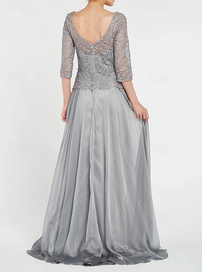 A-Line Mother of the Bride Dress Elegant Simple Minimalist Boat Neck Floor Length Chiffon Half Sleeve with Lace 2025 - $139.99 –P2