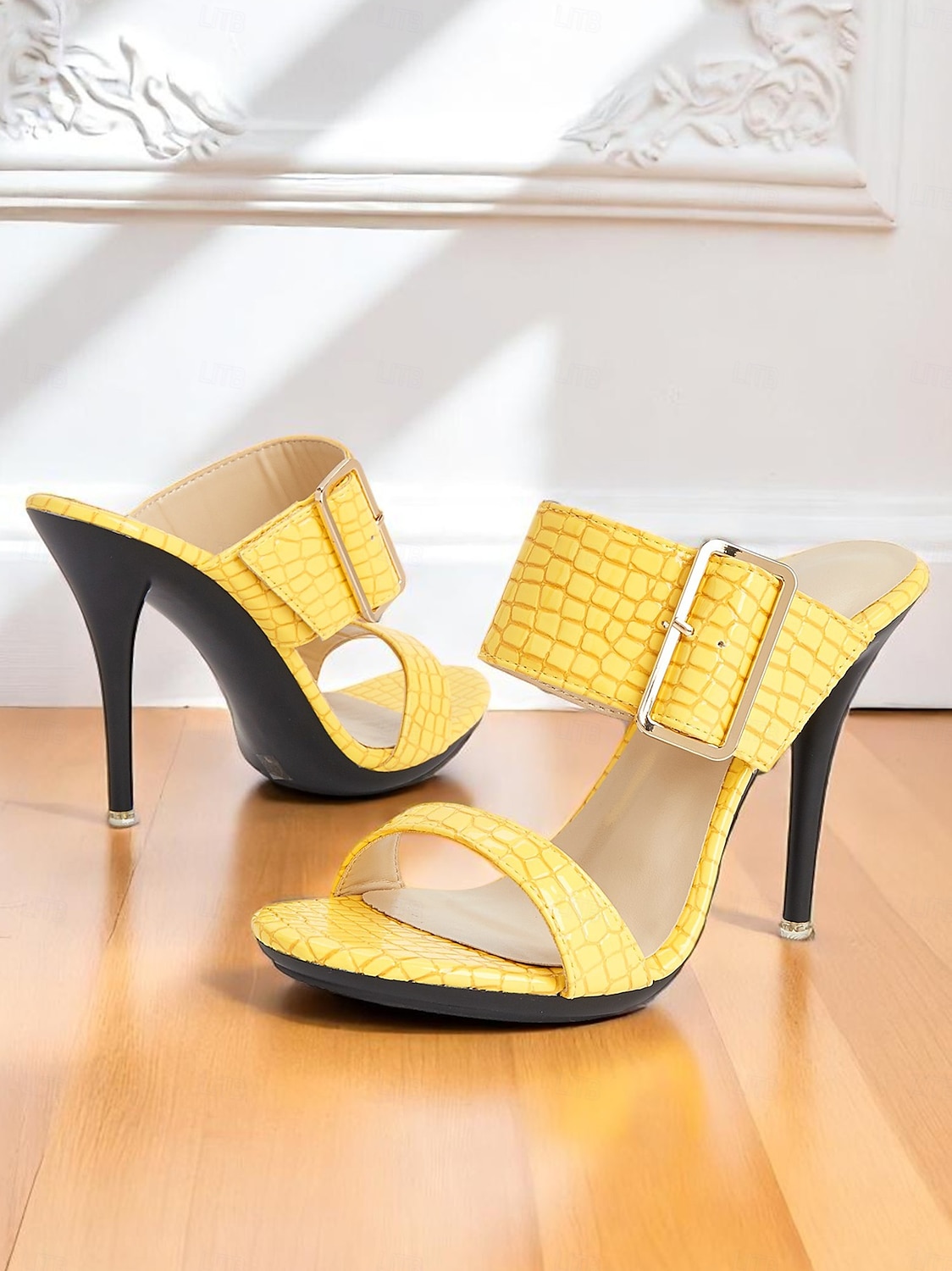 Sandales à talons hauts jaunes à motif crocodile pour femmes avec bride à boucle - Chaussures de soirée audacieuses à bout ouvert pour la vie nocturne, les clubs et les événements estivaux de 2025 ? $42.99 –P5