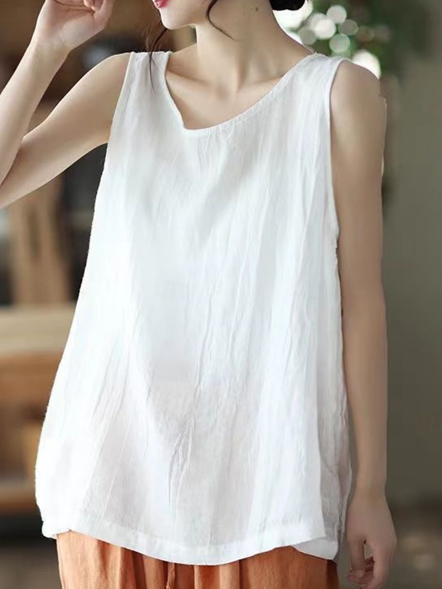 Femmes Chemises en coton et lin Chemise à col camp Couleur Unie Basique Occasionnel Sans manches Col en V Hauts Réguliers Quotidien Noir Blanche Rose Claire Vert Gris Été de 2025 ? $8.99 –P5