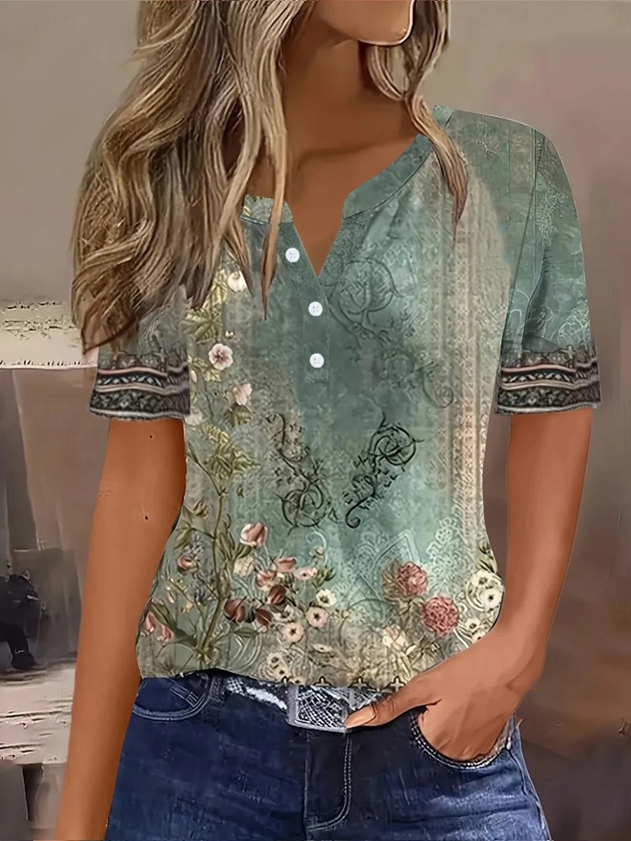 Femmes T-shirt A Ombre Fleuri Graphique ancien Élégant Classique Manche Courte Encolure en V Hauts Réguliers Quotidien Week-end Imprimé Blanche Bleu Vert Été Printemps de 2025 ? $27.99 –P3