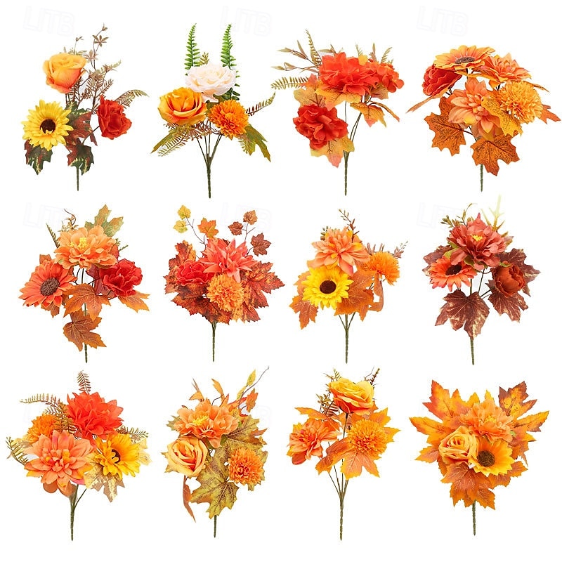 1 ramo de flores artificiales de otoño, corona de calabaza con hojas de arce para Acción de Gracias, arreglo decorativo para el hogar otoñal de Halloween 2025 - $8.99 –P2