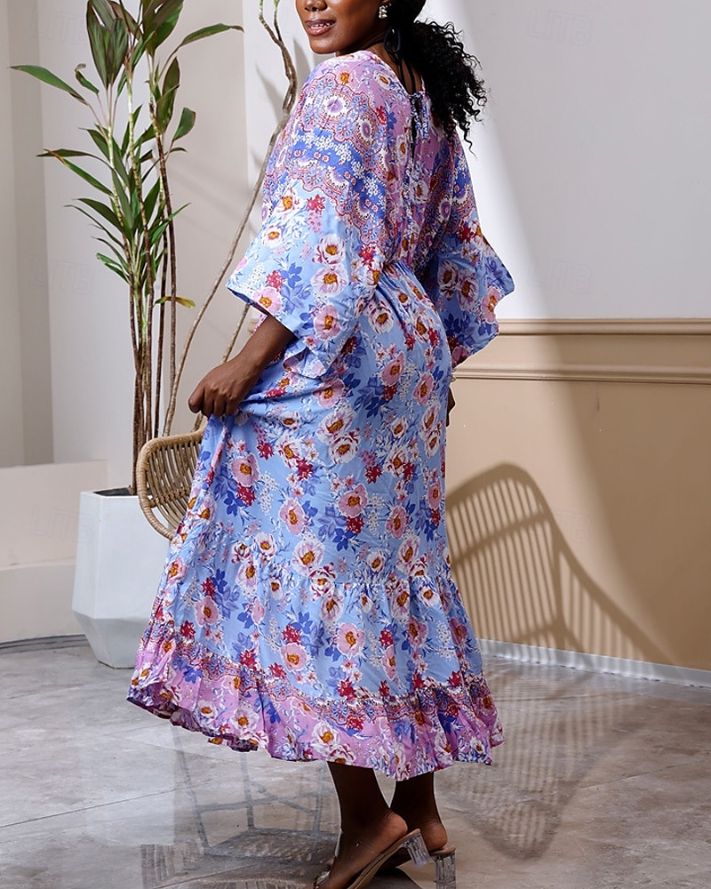 Damen Langes Kleid Maxikleid Freizeitkleid Schwingkleid Boho-Kleid Westernkleid Elegant Mode Romantisch Outdoor Urlaub Party Normale Passform Blume Langarm V Ausschnitt Blau Frühling Herbst 2025 - $26.99 –P4