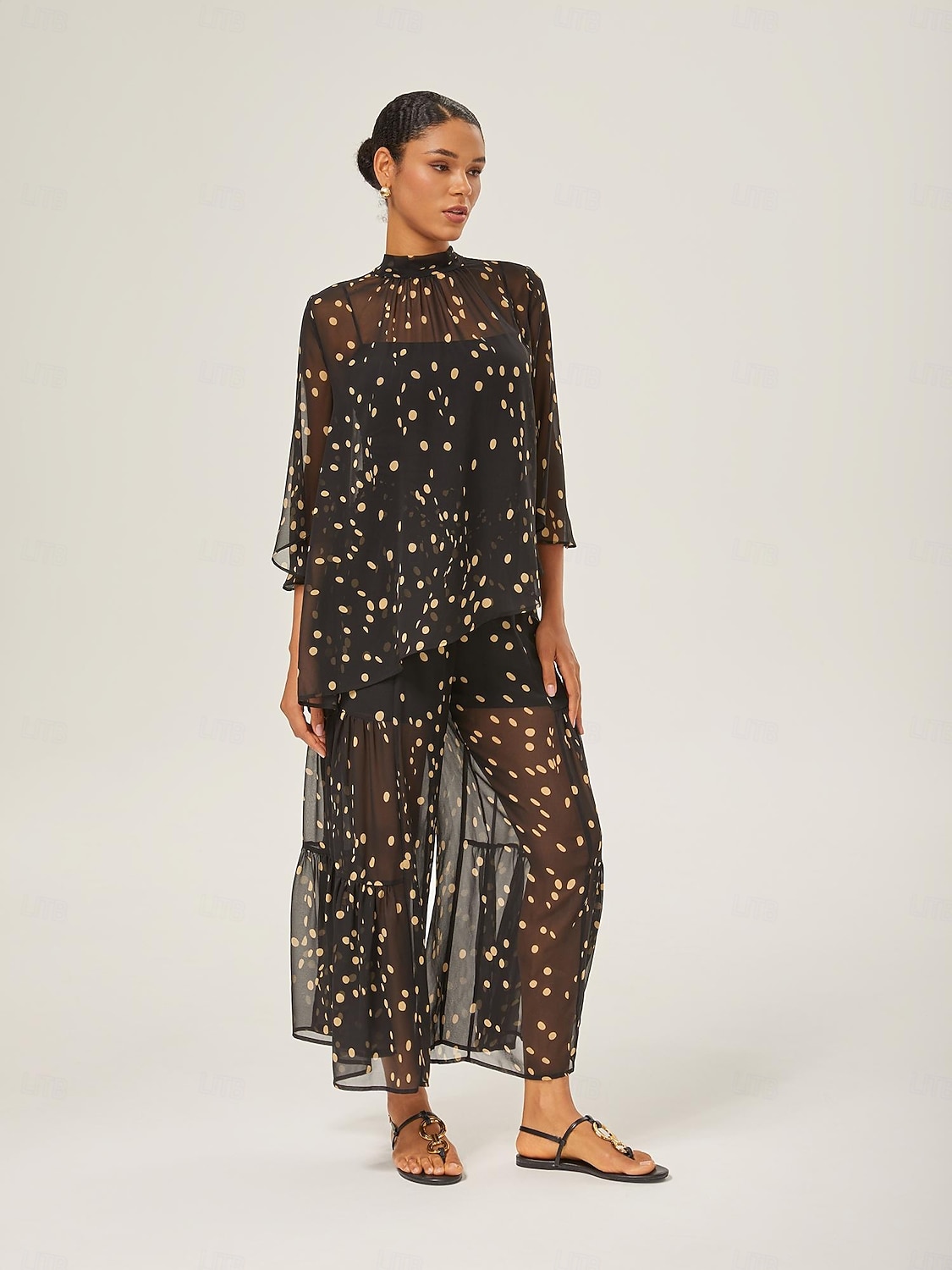 Per donna Femminile Camicia casual A Pois Casuale Manica del polsino svasato Nero annodata Elegante Bohemien Vacanza Collo Alto Estate Primavera Autunno del 2025 a $52.99 –P8