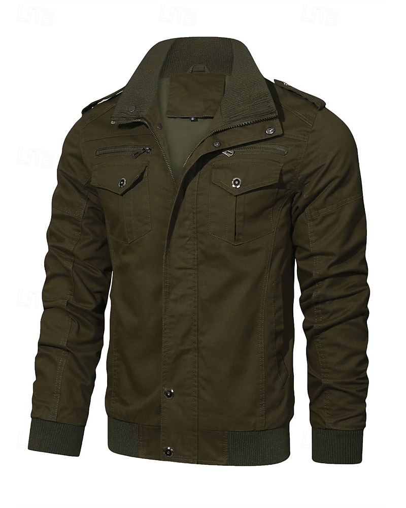 Men's Trucker Jacket Cargo Jacket Casual Jacket Vacation Daily Pocket Spring Fall Plain Fashion Classic Stand Collar Regular Black Khaki Army Green Jacket 2025 - $53.99 –P14