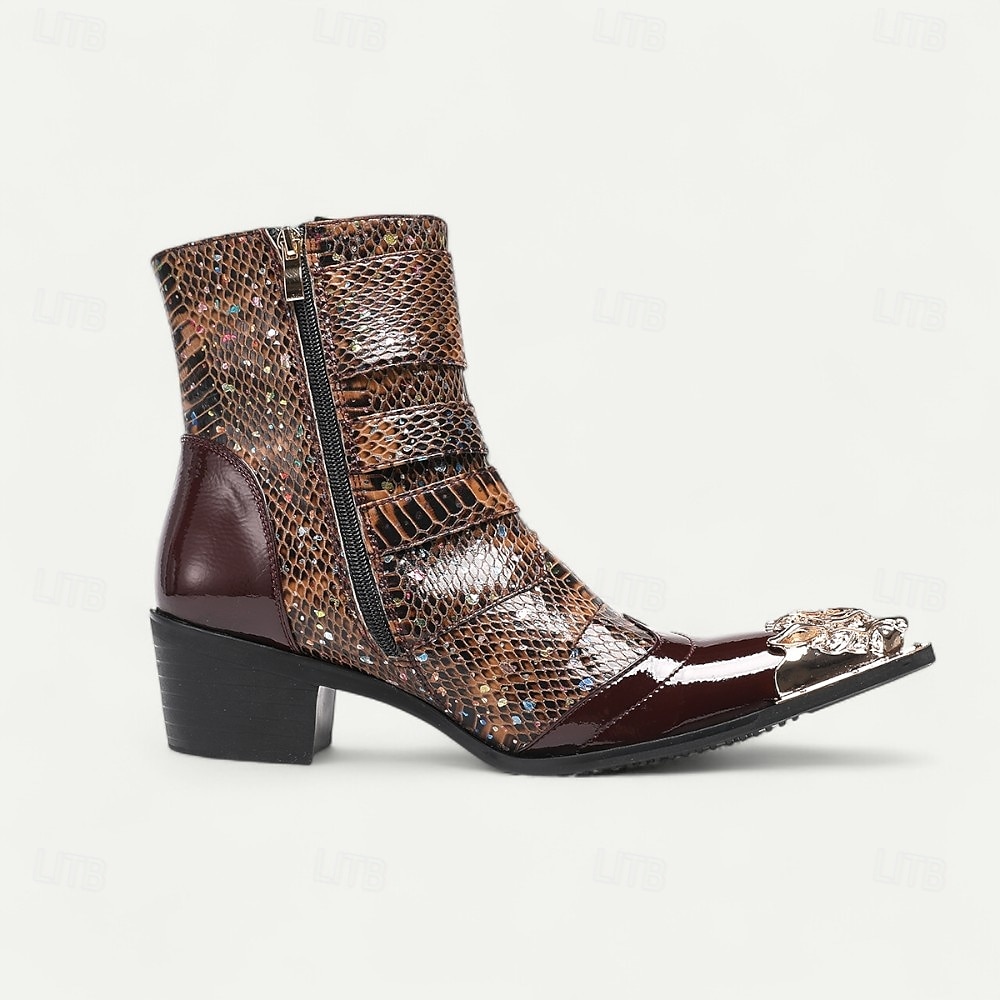 Botas de tobillo de cuero con patrón de cocodrilo marrón para hombres con hebillas de punta dorada calzado de inspiración occidental de moda para uso casual y al aire libre 2025 - $139.99 –P4