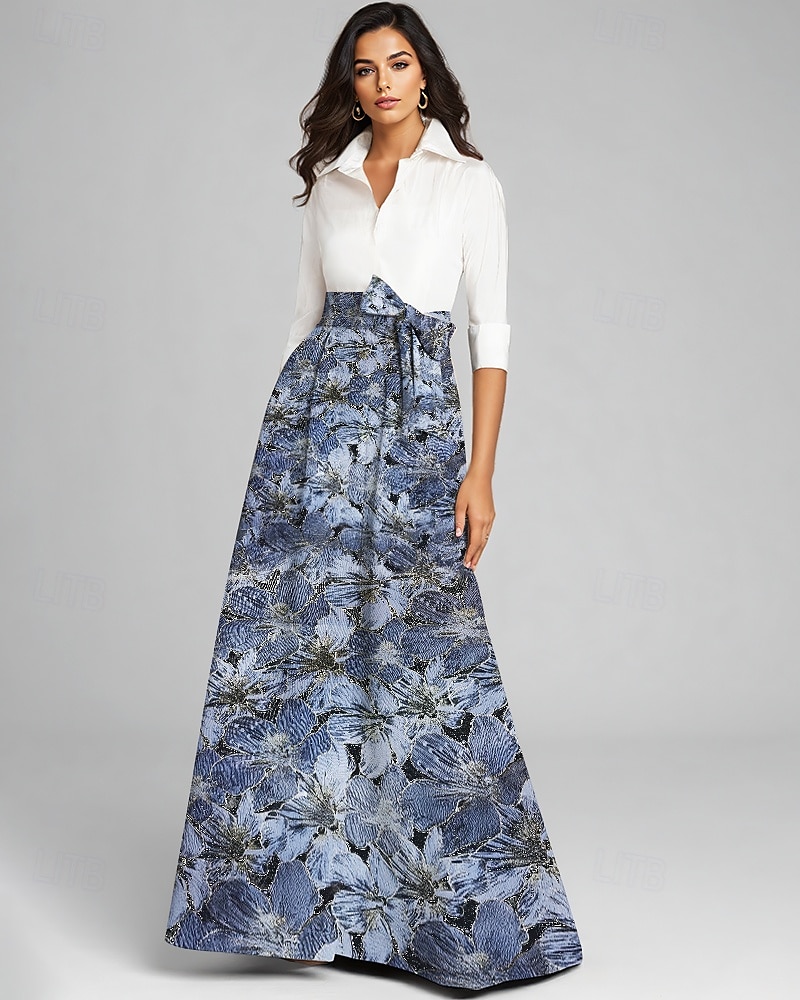 Robe Mère de la Mariée A-Line en brocart jacquard bleu Élégante Vintage Col chemise Longueur de sol Tissu extensible Manches longues avec nœud(s) Bloc de couleur de 2025 ? $149.99 –P1