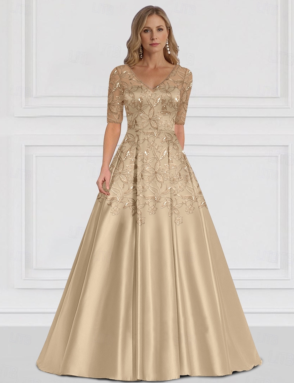 Rochie A-Line pentru Mama Miresei Invitată la Nuntă Elegantă Simplă Cu Decolteu În V Lungime Până La Podea Satine Mâneci Pe Jumătate cu Dantelă 2025 - $142.99 –P6