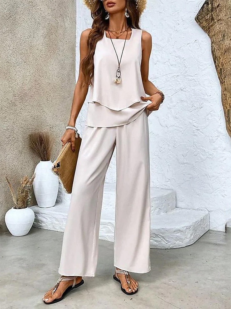 Damskie Moda Moda miejska Codzienny Zestawy spodni Bez rękawów Kwadratowy dekolt Jednokolorowe Kwiaty Nadruk Urlop Codzienny Czerwony Niebieski Brązowy Lato Regularny 2025 - $39.99 –P2